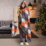 Grey Black Orange And White Argyle Print Hooded Blanket