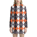 Grey Black Orange And White Argyle Print Pullover Hoodie Dress