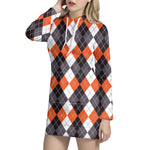 Grey Black Orange And White Argyle Print Hoodie Dress
