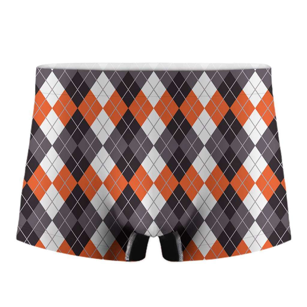 Grey Black Orange And White Argyle Print Men's Boxer Briefs