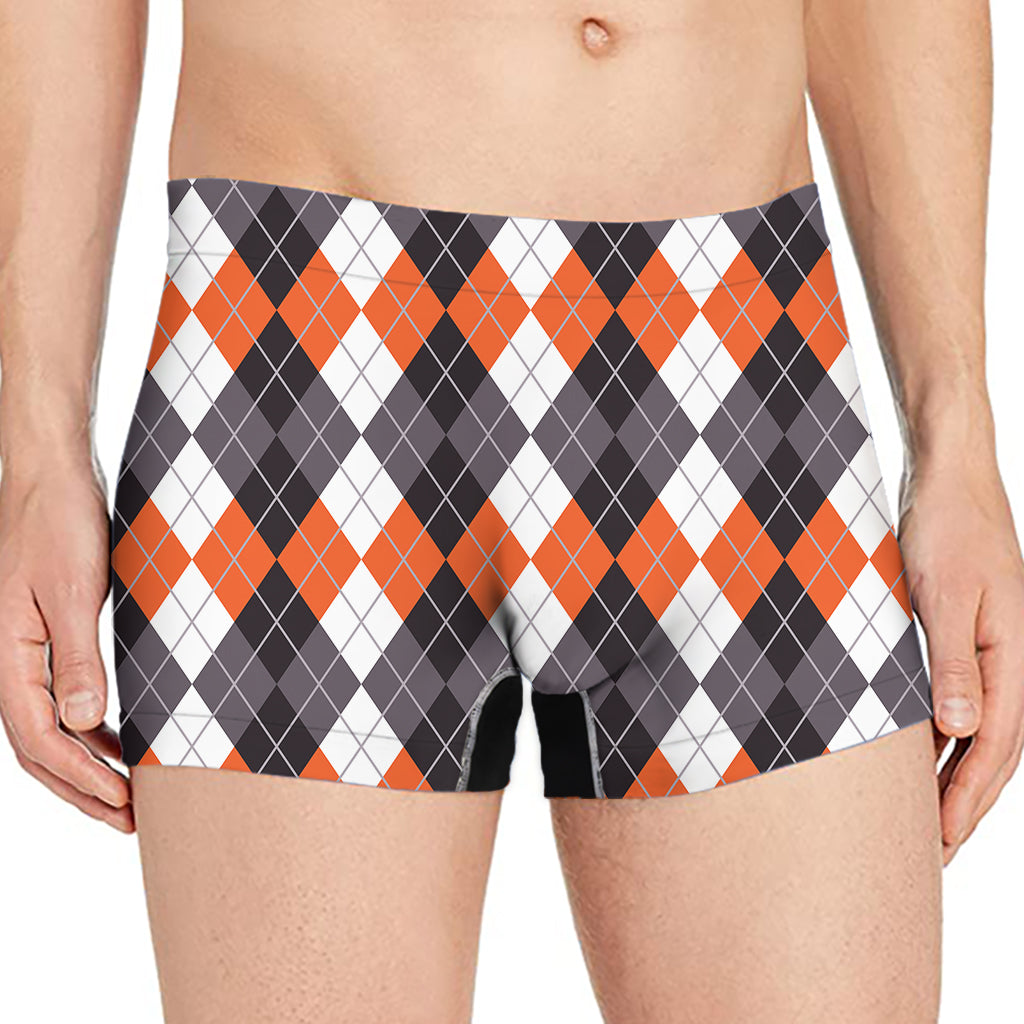 Grey Black Orange And White Argyle Print Men's Boxer Briefs