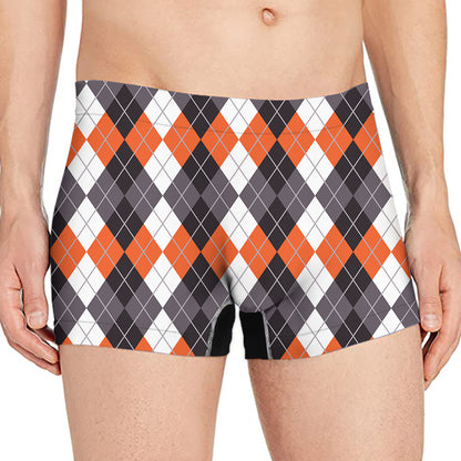 Grey Black Orange And White Argyle Print Men's Boxer Briefs