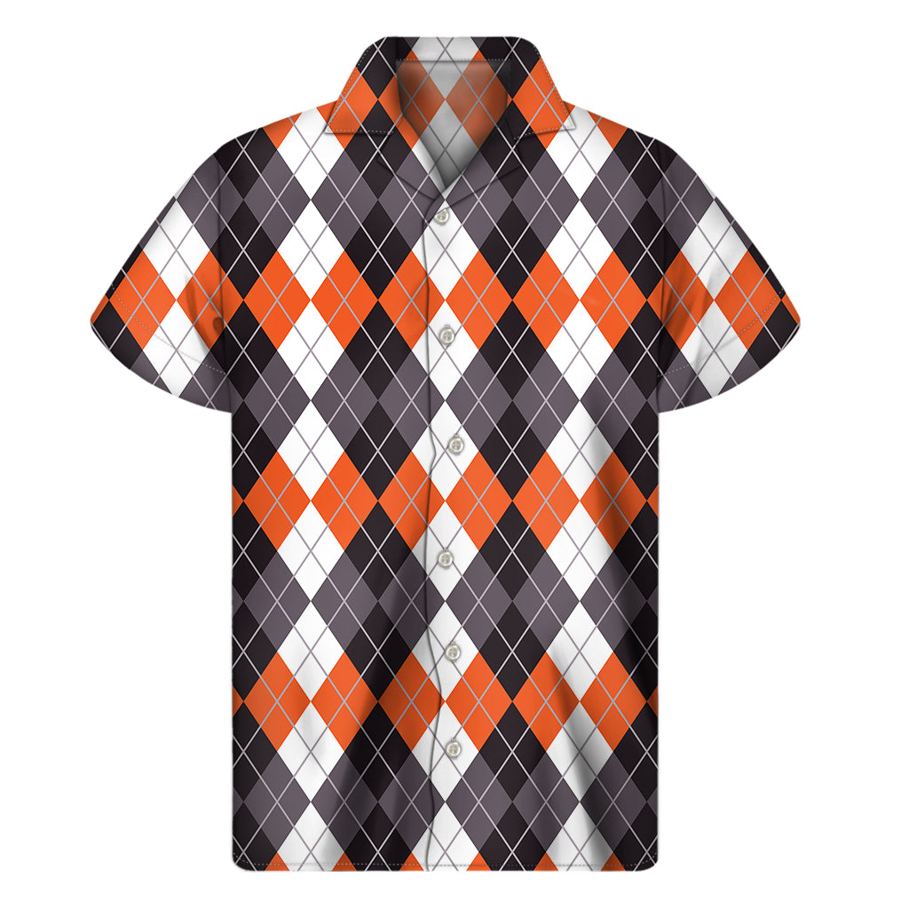 Grey Black Orange And White Argyle Print Men's Short Sleeve Shirt