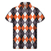 Grey Black Orange And White Argyle Print Men's Short Sleeve Shirt