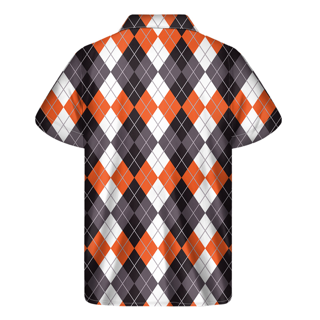 Grey Black Orange And White Argyle Print Men's Short Sleeve Shirt