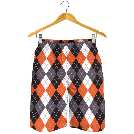 Grey Black Orange And White Argyle Print Men's Shorts