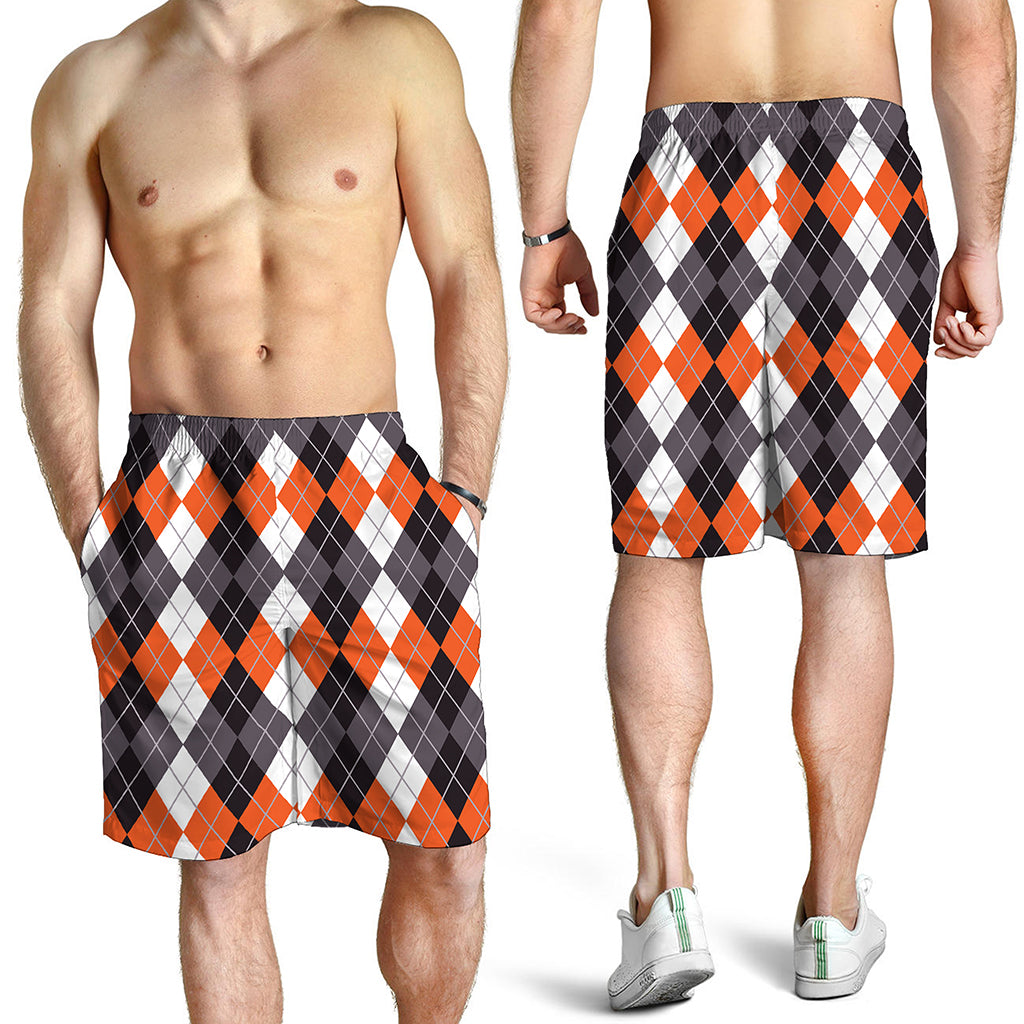 Grey Black Orange And White Argyle Print Men's Shorts