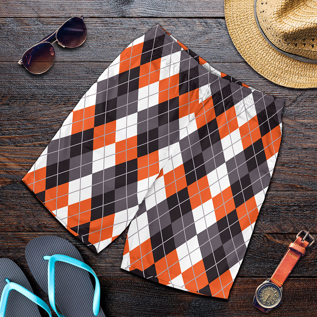 Grey Black Orange And White Argyle Print Men's Shorts