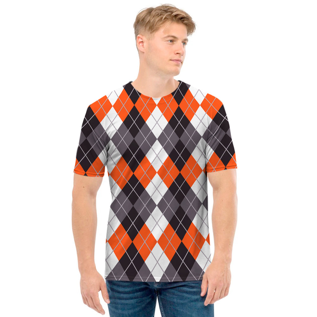 Grey Black Orange And White Argyle Print Men's T-Shirt