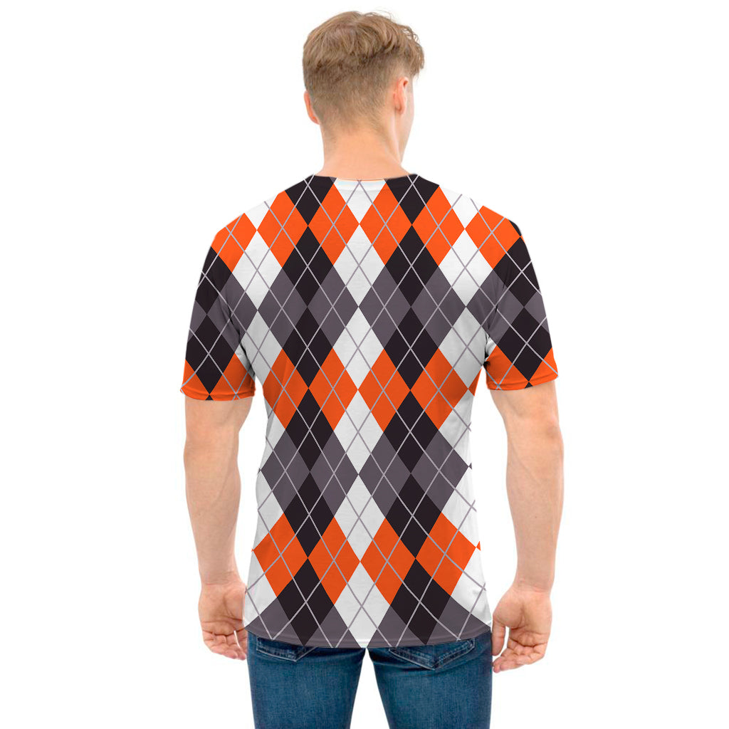 Grey Black Orange And White Argyle Print Men's T-Shirt