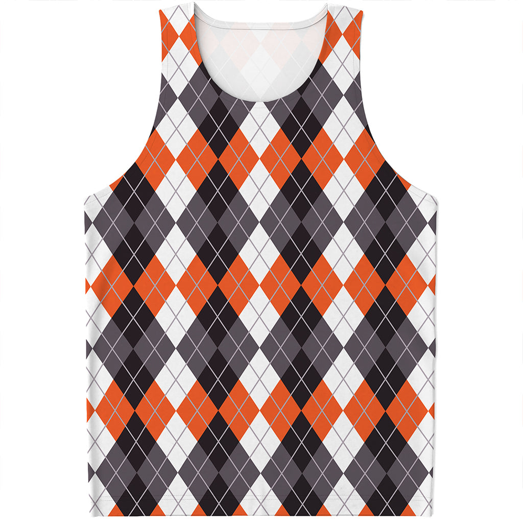 Grey Black Orange And White Argyle Print Men's Tank Top