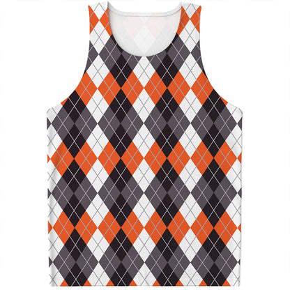 Grey Black Orange And White Argyle Print Men's Tank Top