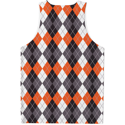 Grey Black Orange And White Argyle Print Men's Tank Top