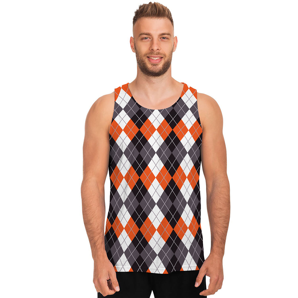 Grey Black Orange And White Argyle Print Men's Tank Top