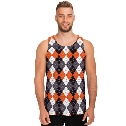 Grey Black Orange And White Argyle Print Men's Tank Top
