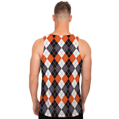 Grey Black Orange And White Argyle Print Men's Tank Top