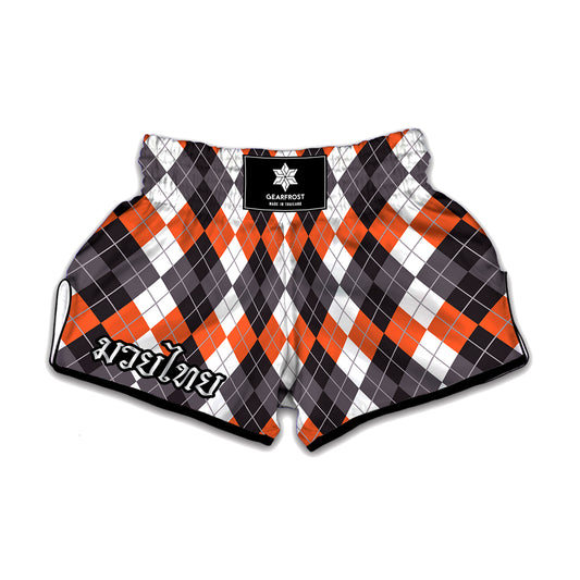 Grey Black Orange And White Argyle Print Muay Thai Boxing Shorts