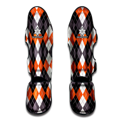 Grey Black Orange And White Argyle Print Muay Thai Shin Guard
