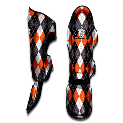 Grey Black Orange And White Argyle Print Muay Thai Shin Guard