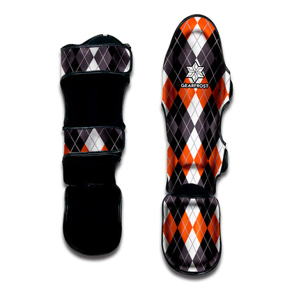 Grey Black Orange And White Argyle Print Muay Thai Shin Guard