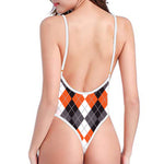Grey Black Orange And White Argyle Print One Piece High Cut Swimsuit