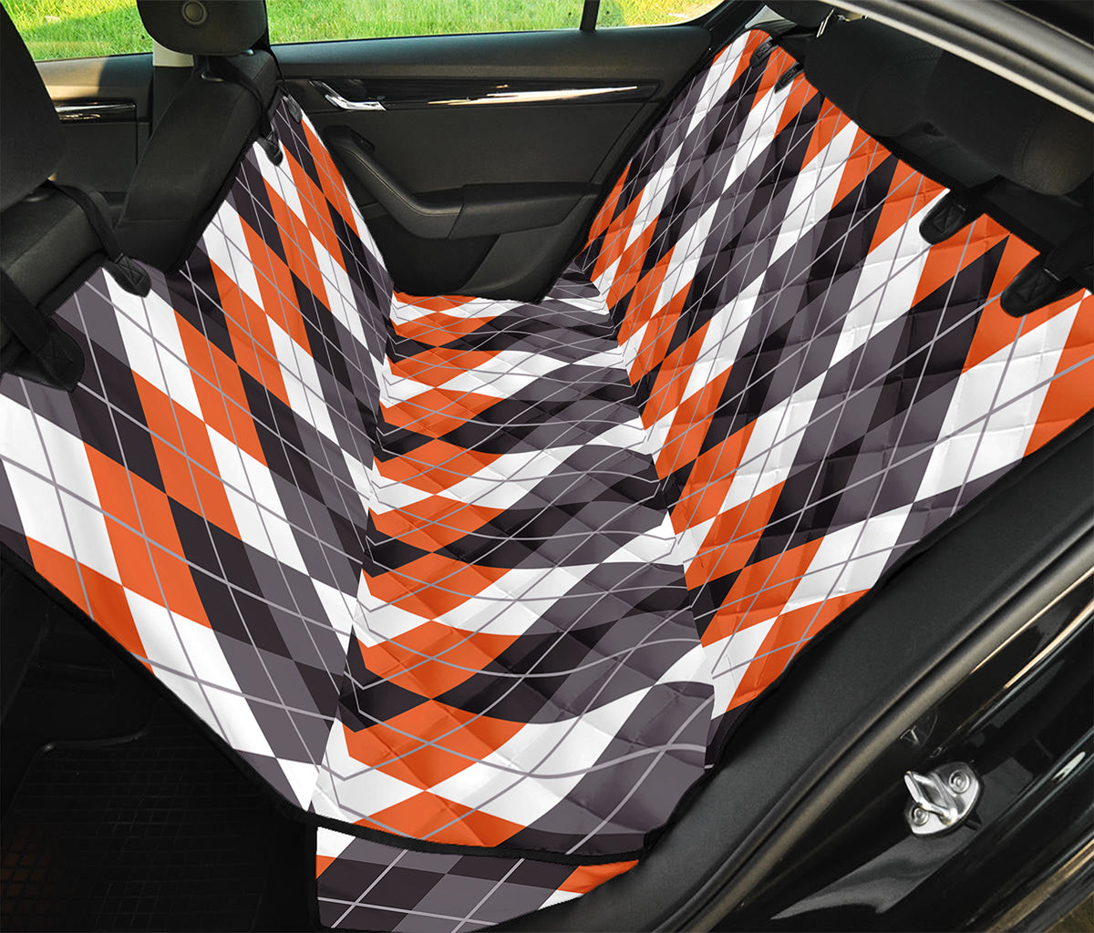 Grey Black Orange And White Argyle Print Pet Car Back Seat Cover