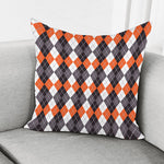 Grey Black Orange And White Argyle Print Pillow Cover