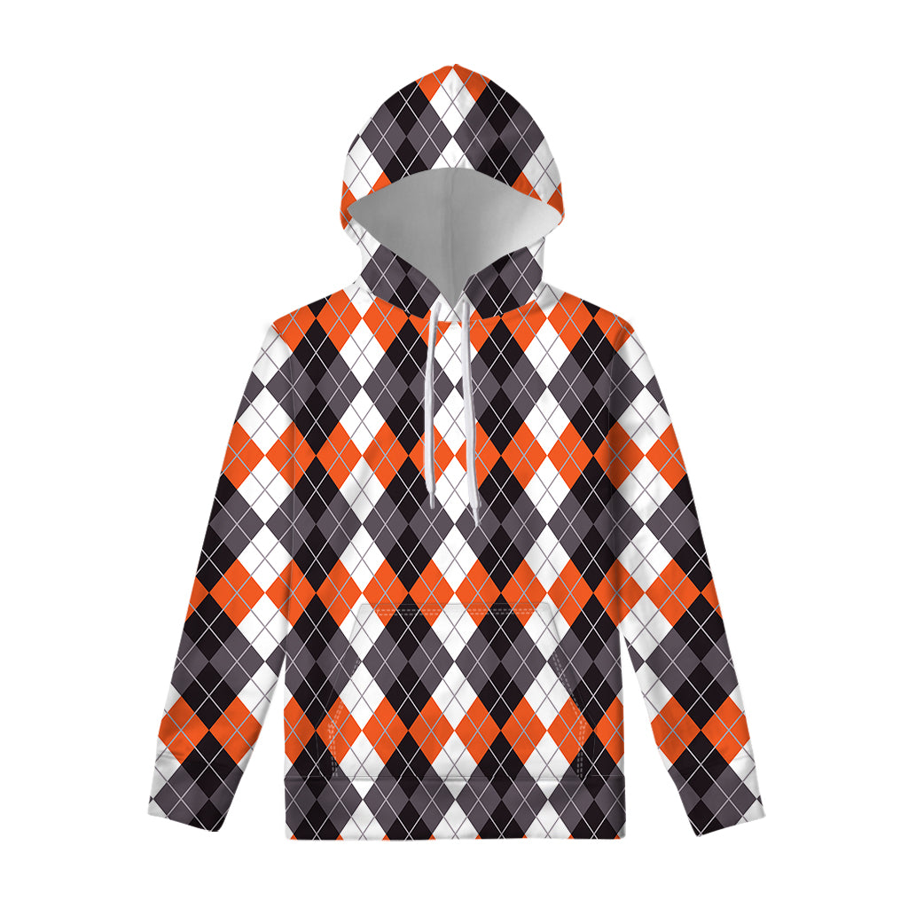 Grey Black Orange And White Argyle Print Pullover Hoodie