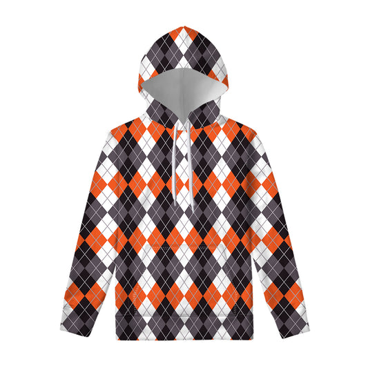 Grey Black Orange And White Argyle Print Pullover Hoodie