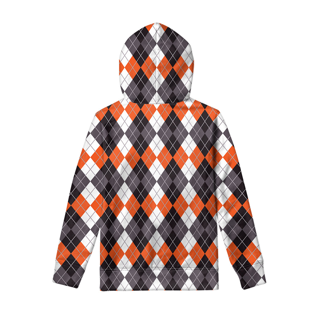 Grey Black Orange And White Argyle Print Pullover Hoodie