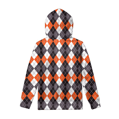 Grey Black Orange And White Argyle Print Pullover Hoodie