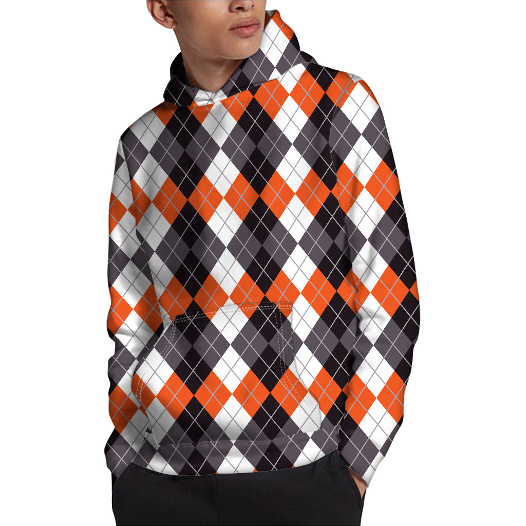 Grey Black Orange And White Argyle Print Pullover Hoodie