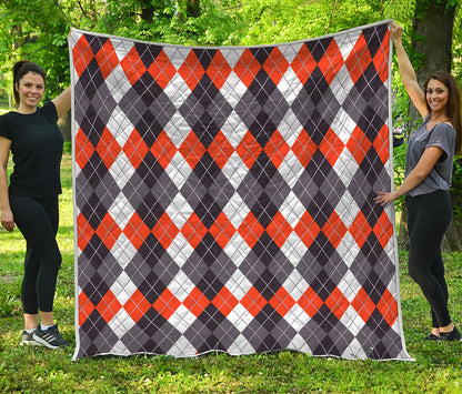 Grey Black Orange And White Argyle Print Quilt
