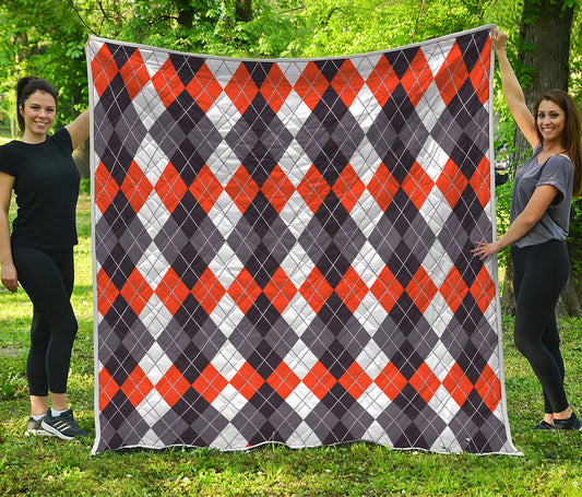 Grey Black Orange And White Argyle Print Quilt