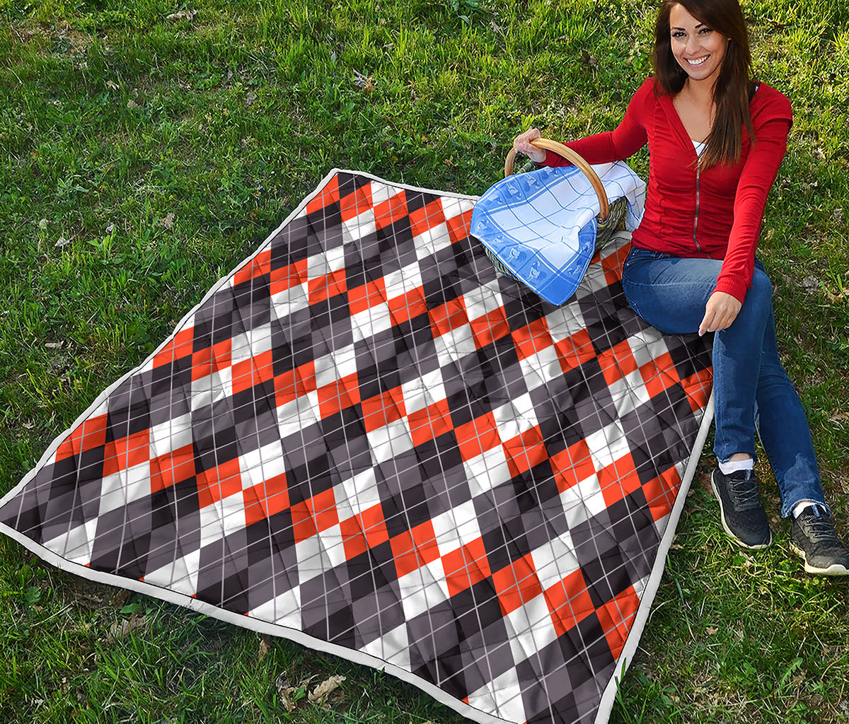 Grey Black Orange And White Argyle Print Quilt