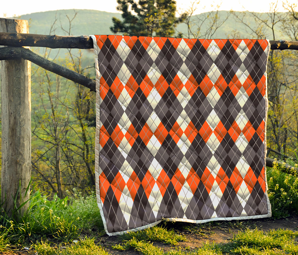 Grey Black Orange And White Argyle Print Quilt