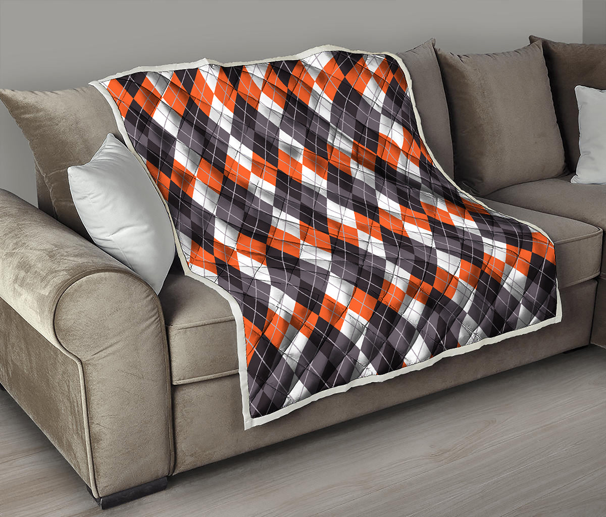 Grey Black Orange And White Argyle Print Quilt