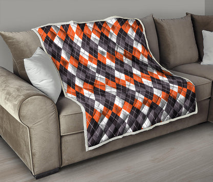 Grey Black Orange And White Argyle Print Quilt