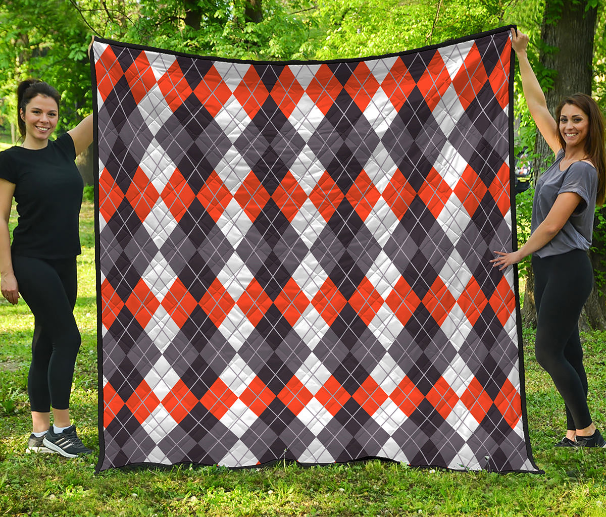 Grey Black Orange And White Argyle Print Quilt