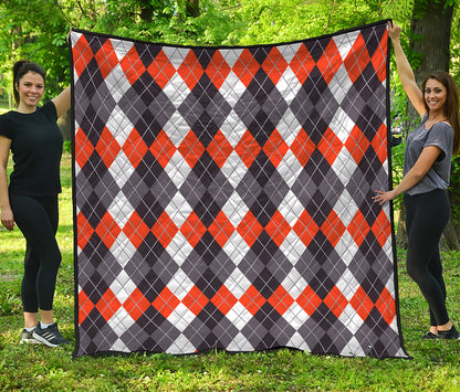 Grey Black Orange And White Argyle Print Quilt