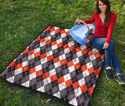 Grey Black Orange And White Argyle Print Quilt