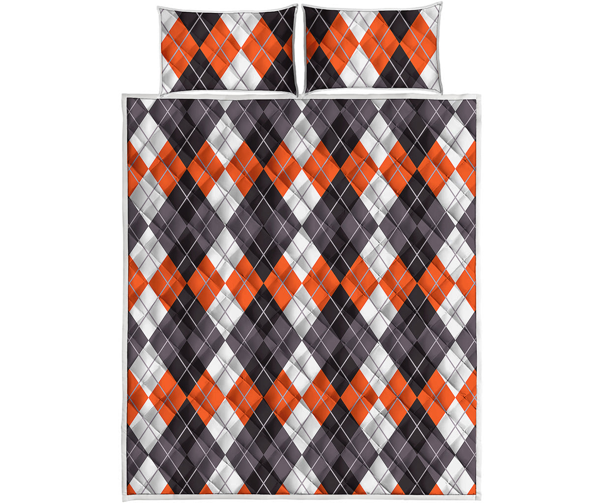 Grey Black Orange And White Argyle Print Quilt Bed Set