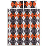 Grey Black Orange And White Argyle Print Quilt Bed Set