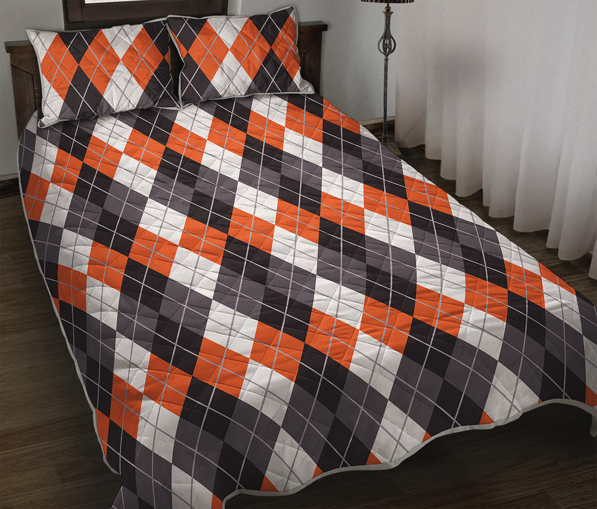 Grey Black Orange And White Argyle Print Quilt Bed Set