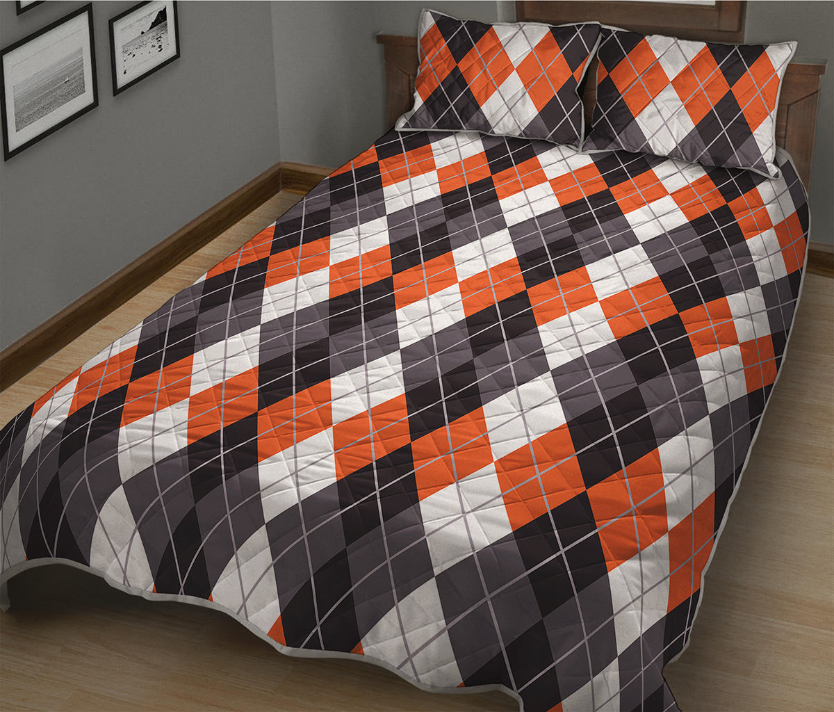 Grey Black Orange And White Argyle Print Quilt Bed Set