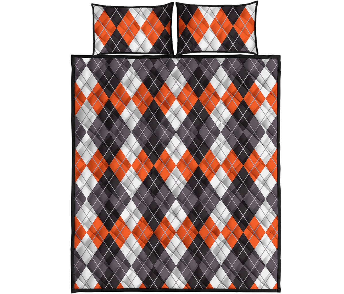 Grey Black Orange And White Argyle Print Quilt Bed Set