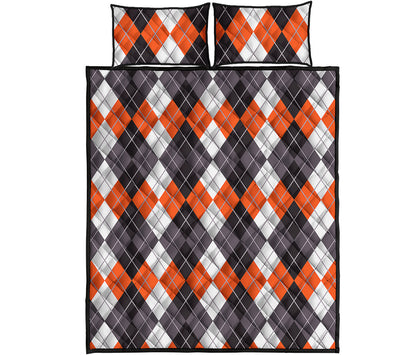 Grey Black Orange And White Argyle Print Quilt Bed Set