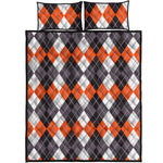 Grey Black Orange And White Argyle Print Quilt Bed Set