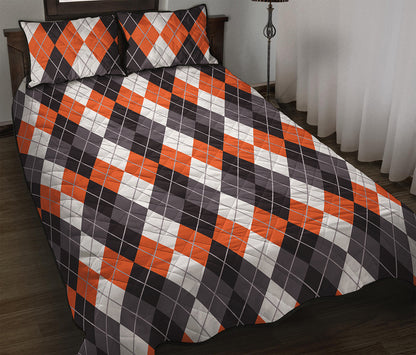 Grey Black Orange And White Argyle Print Quilt Bed Set