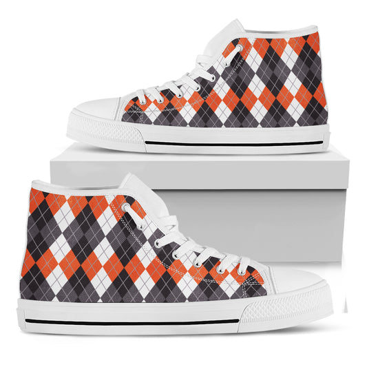 Grey Black Orange And White Argyle Print White High Top Shoes